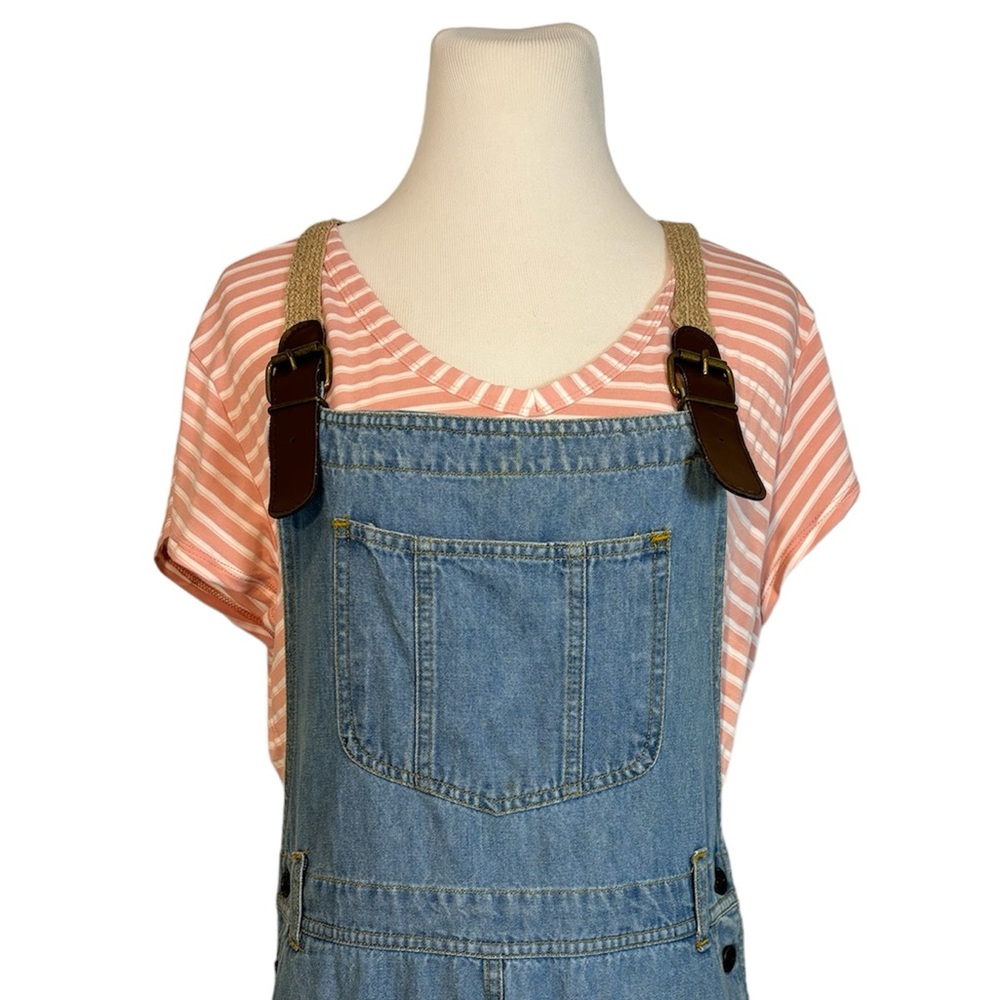 Vintage 80’s Cotton Blue Denim Overall Buckle Midi Sheath Jumper Dress- Large - Picture 5 of 8